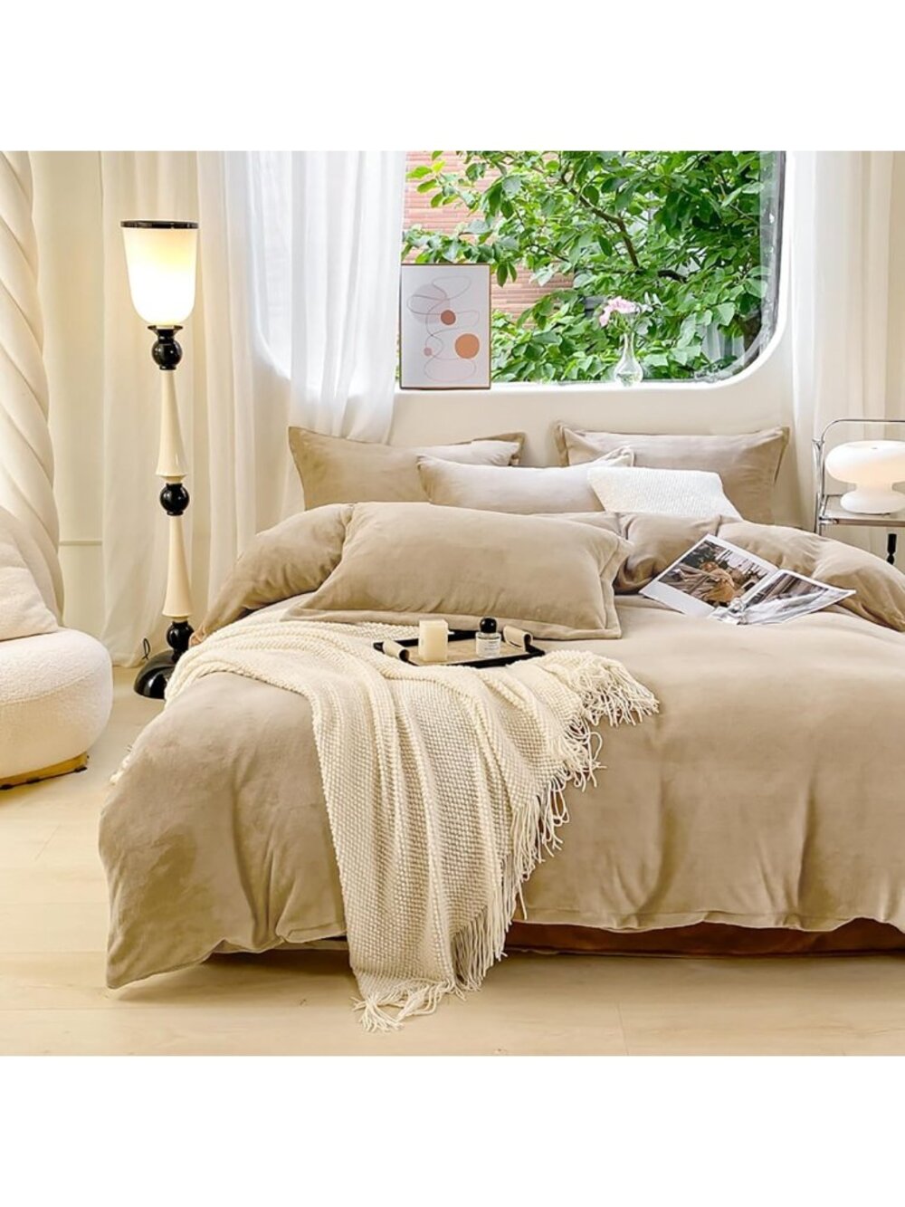 Cozy Cream Velvet King Comforter Set - Heavyweight Flannel Bedding in Beige